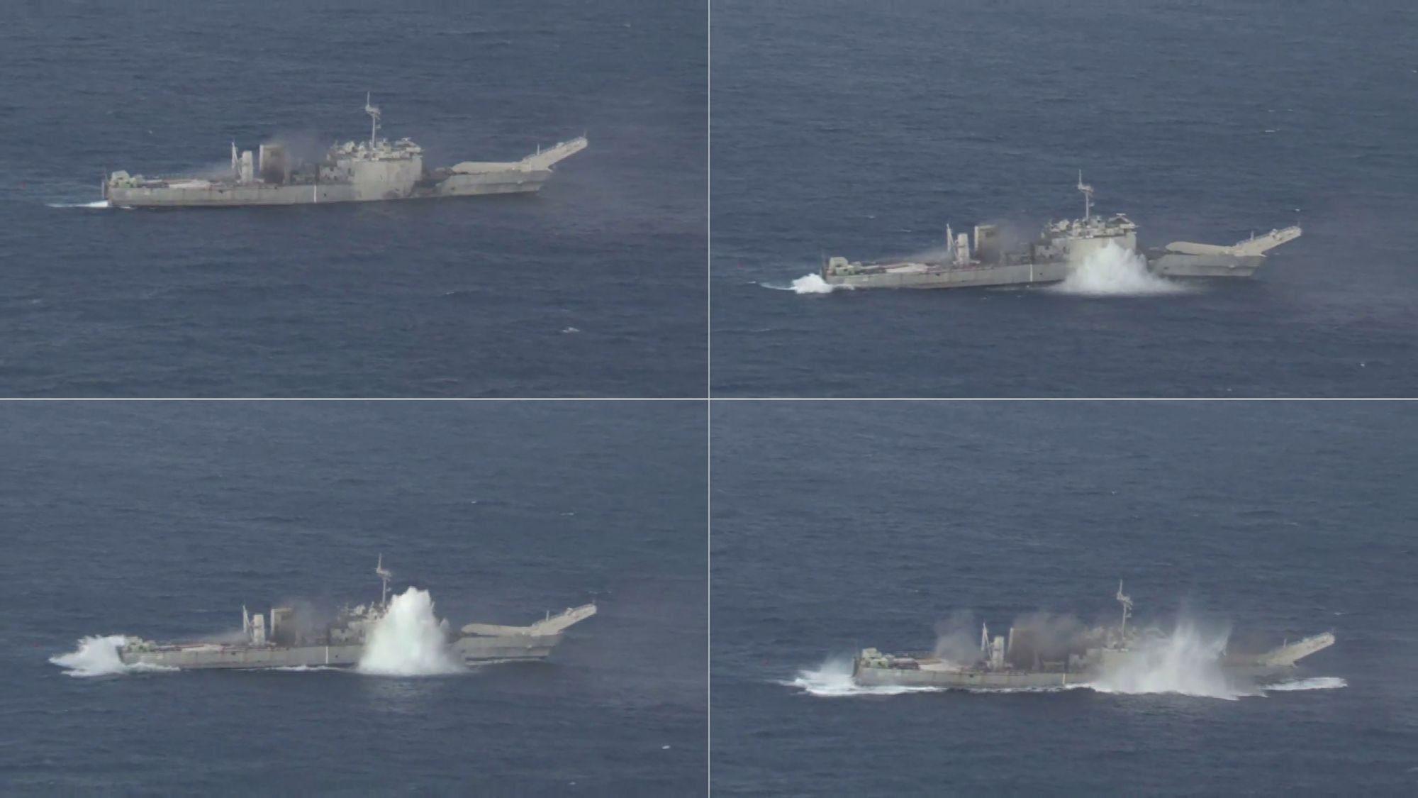 （视频连续截图）图为美国海军今日(NavalToday)网站报道的7月12日当天航拍的被“奥林匹亚”号攻击型核潜艇(USS Olympia SSN-717)发射的MK48重型鱼雷击中的“拉辛”号坦克登陆舰。(USS Racine LST-1191)。（拖拽本图可查看原图）